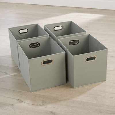 Home Source Large Fabric Cube Storage Box 4 Pack Oval Handle Grey