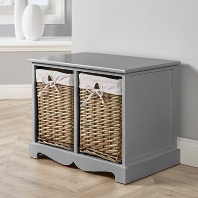 Home Source Lichfield 2 Wicker Basket Drawer Chest Storage Unit Grey