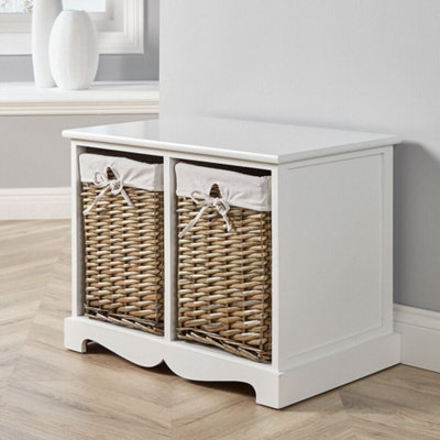 White wooden storage cabinet deals with wicker baskets