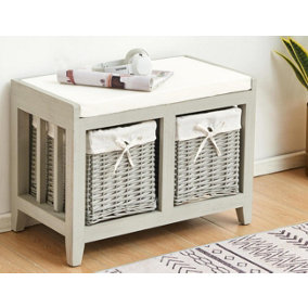 Home Source Lincoln 2 Basket Drawer Hallway Shoe Storage Bench with Padded Seat Grey