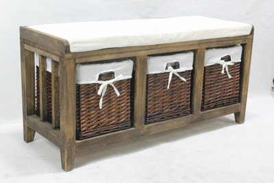 Home Source Lincoln 3 Basket Drawer Hallway Shoe Storage Bench with Padded Seat Dark Wood Effect