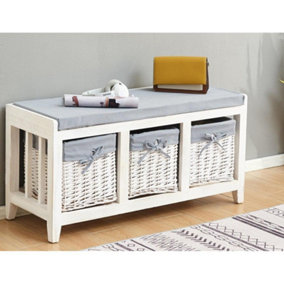 Home Source Lincoln 3 Basket Drawer Hallway Shoe Storage Bench with Padded Seat White