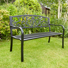 Home Source Linden Black Garden Bench Metal 2 Seater Ornate Design