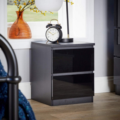 Home Source Lugano Black 2 Drawer Bedside Cabinet High Gloss Drawer Fronts