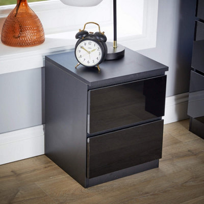 Home Source Lugano Black 2 Drawer Bedside Cabinet High Gloss Drawer Fronts
