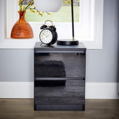 Home Source Lugano Black 2 Drawer Bedside Cabinet High Gloss Drawer Fronts