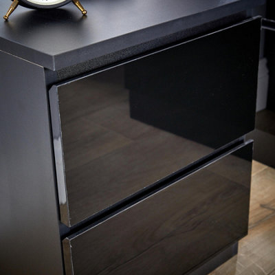 Home Source Lugano Black 2 Drawer Bedside Cabinet High Gloss Drawer Fronts