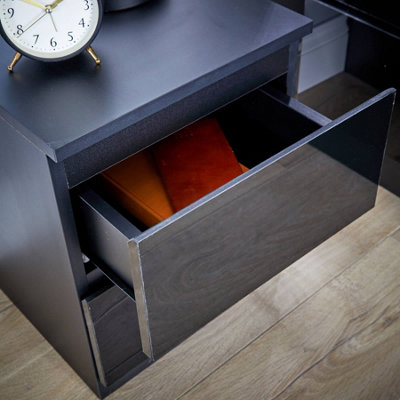 Home Source Lugano Black 2 Drawer Bedside Cabinet High Gloss Drawer Fronts