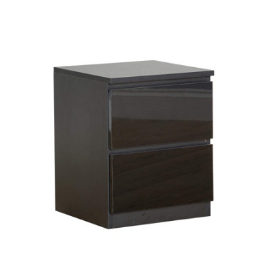 Home Source Lugano Black 2 Drawer Bedside Cabinet High Gloss Drawer Fronts