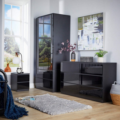 Home Source Lugano Black 2 Drawer Bedside Cabinet High Gloss Drawer Fronts