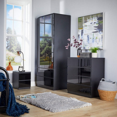 Home Source Lugano Black 2 Drawer Bedside Cabinet High Gloss Drawer Fronts