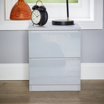Home Source Lugano Grey 2 Drawer Bedside Cabinet High Gloss Drawer Fronts