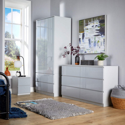 Home Source Lugano Grey 2 Drawer Bedside Cabinet High Gloss Drawer Fronts