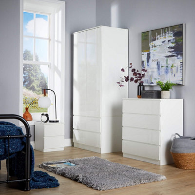 Home Source Lugano White 2 Drawer Bedside Cabinet High Gloss Drawer Fronts