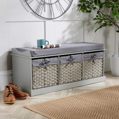 Home Source Malibu 3 Basket Drawer Hallway Shoe Storage Bench with Padded Seat Grey