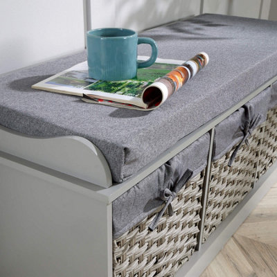 Home Source Malibu 3 Basket Drawer Hallway Shoe Storage Bench with Padded Seat Grey