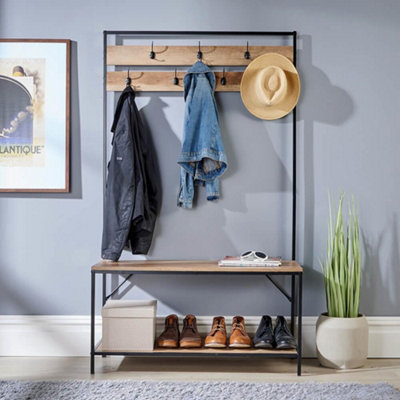 Home Source Oakmere Hallway Coat and Shoe Storage Bench Unit Weathered Oak Effect