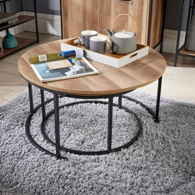 Home Source Oakmere Round Nest of 2 Tables Set Black and Oak Effect