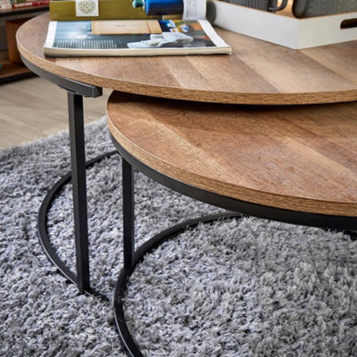 Home Source Oakmere Round Nest of 2 Tables Set Black and Oak Effect