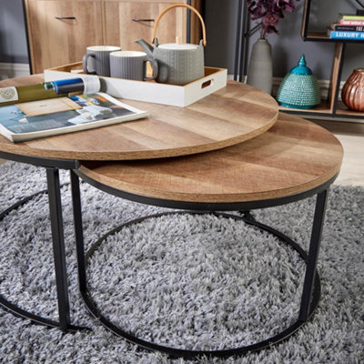 Home Source Oakmere Round Nest of 2 Tables Set Black and Oak Effect
