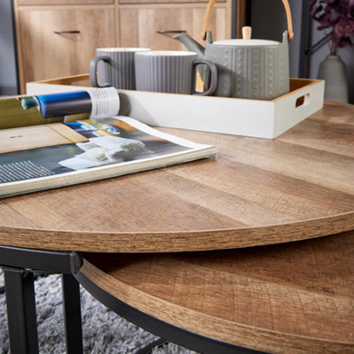 Home Source Oakmere Round Nest of 2 Tables Set Black and Oak Effect