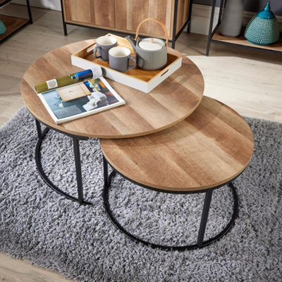 Home Source Oakmere Round Nest of 2 Tables Set Black and Oak Effect