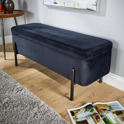 Home Source Oasis Black Velvet Ottoman with Black Metal Legs