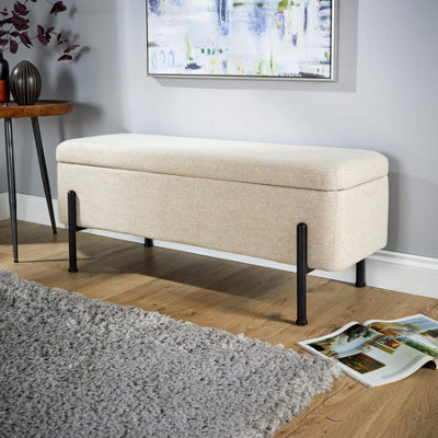 Home Source Oasis Off White Linen Ottoman with Black Metal Legs DIY
