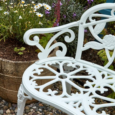 Home Source Ornate Rose Detail Metal Outdoor Garden Bench White