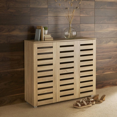 Home Source Oslo 3 Door Shoe Storage Cabinet Unit Oak Effect