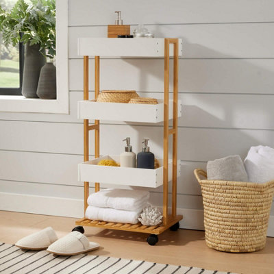 Home Source Oxford Bamboo 4 Tier White Utility Trolley Kitchen Bathroom