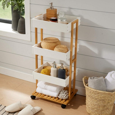 Home Source Oxford Bamboo 4 Tier White Utility Trolley Kitchen Bathroom  Organiser Unit