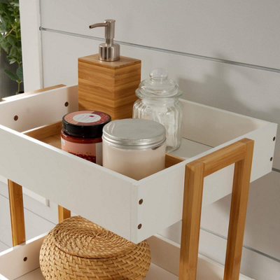 Home Source Oxford Bamboo 4 Tier White Utility Trolley Kitchen Bathroom  Organiser Unit
