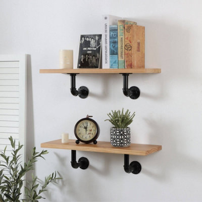 Home Source Pair Industrial Shelves with Black Metal Pipe Brackets