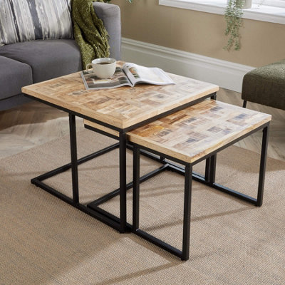 Home Source Reno Mango Wood and Metal Nest of 2 Square Tables