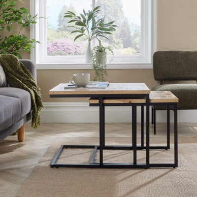 Home Source Reno Mango Wood and Metal Nest of 2 Square Tables