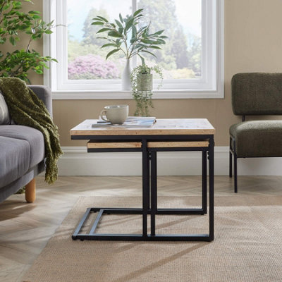 Home Source Reno Mango Wood and Metal Nest of 2 Square Tables