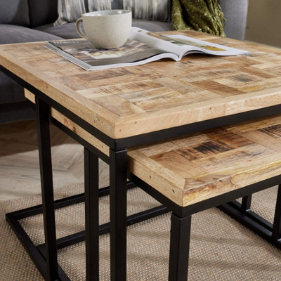Home Source Reno Mango Wood and Metal Nest of 2 Square Tables