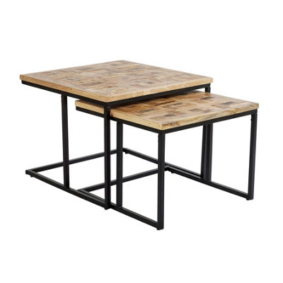 Home Source Reno Mango Wood and Metal Nest of 2 Square Tables