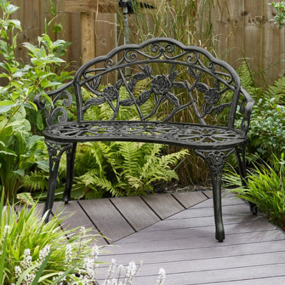 Home Source Rose Detail Outdoor Garden Bench Black