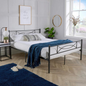 Home Source Saturn 4ft 6 Metal Bed Curve Design Headboard Grey