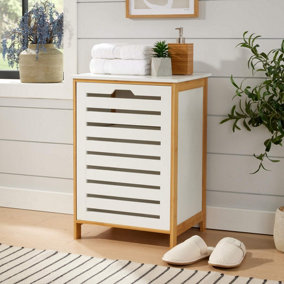 Home Source Sherwood Bamboo White Painted Pull Down Door Bathroom Storage Laundry Basket Unit