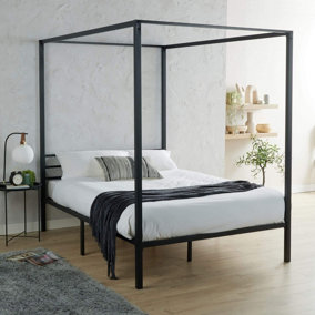 Home Source Sierra 4FT6 Double 4 Poster Black Metal Canopy Bed Frame