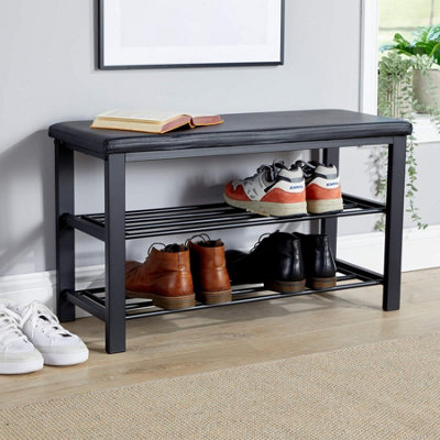 Home Source Sleaford Black Metal PU Upholstered Shoe Bench