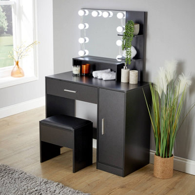 black dressing table mirror IRONCK Vanity Desk Set with Large LED Lighted Mirror & Power Outlet, 7 Drawers Vanities Dressing Makeup Table with Storage Bench, for Bedroom, In