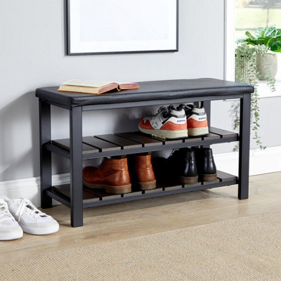 Home Source Spalding Black Metal PU Upholstered Shoe Rack Bench