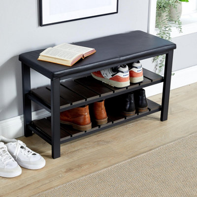 Home Source Spalding Black Metal PU Upholstered Shoe Rack Bench
