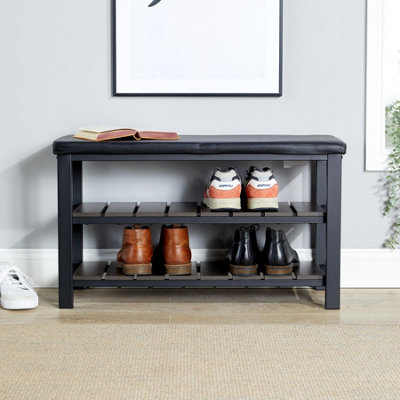 Home Source Spalding Black Metal PU Upholstered Shoe Rack Bench