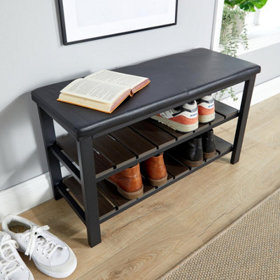 Home Source Spalding Black Metal PU Upholstered Shoe Rack Bench
