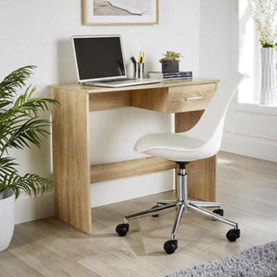 White and oak desk deals with drawers